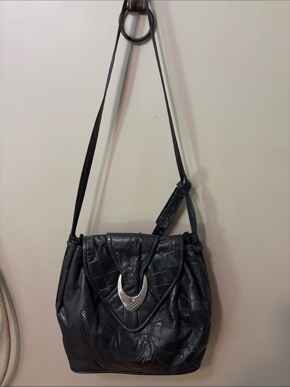 AWESOME Vintage Genuine Leather Black Shoulder Bag with Silver Crescent Hardware